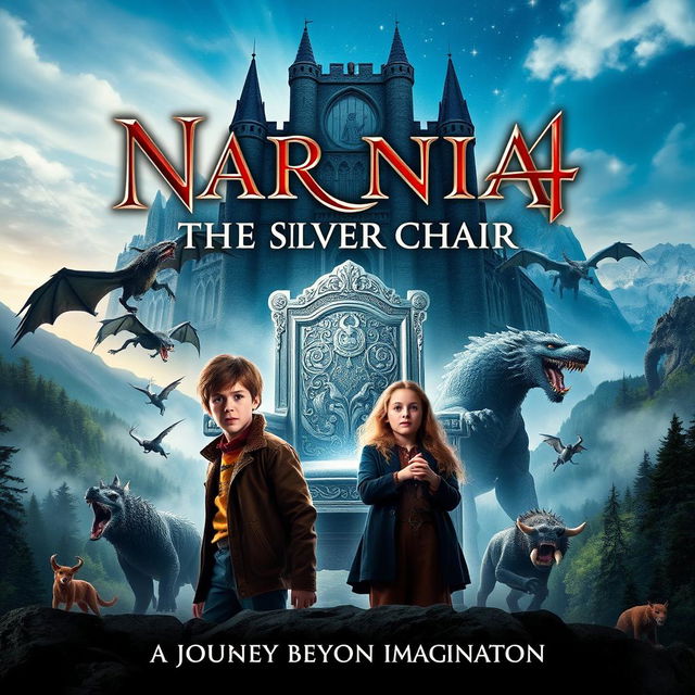 A captivating movie poster for 'NARNIA 4: The Silver Chair', showcasing the main characters embarking on a magical adventure