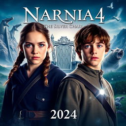 A captivating movie poster for 'NARNIA 4: The Silver Chair (2024)', featuring Georgie Henley as Lucy Pevensie and Will Poulter as Eustace Scrubb