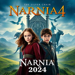 A captivating movie poster for 'NARNIA 4: The Silver Chair (2024)', featuring Georgie Henley as Lucy Pevensie and Will Poulter as Eustace Scrubb