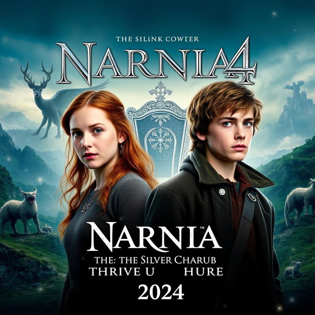 A captivating movie poster for 'NARNIA 4: The Silver Chair (2024)', featuring Georgie Henley as Lucy Pevensie and Will Poulter as Eustace Scrubb