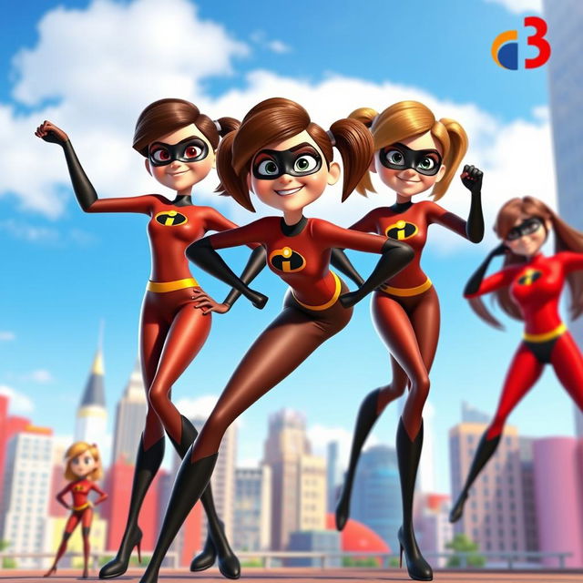 A vibrant and dynamic scene featuring several girls wearing Elastigirl's brown costumes from Incredibles 3