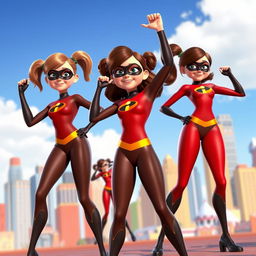 A vibrant and dynamic scene featuring several girls wearing Elastigirl's brown costumes from Incredibles 3
