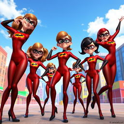 A vibrant and dynamic scene featuring several girls wearing Elastigirl's brown costumes from Incredibles 3