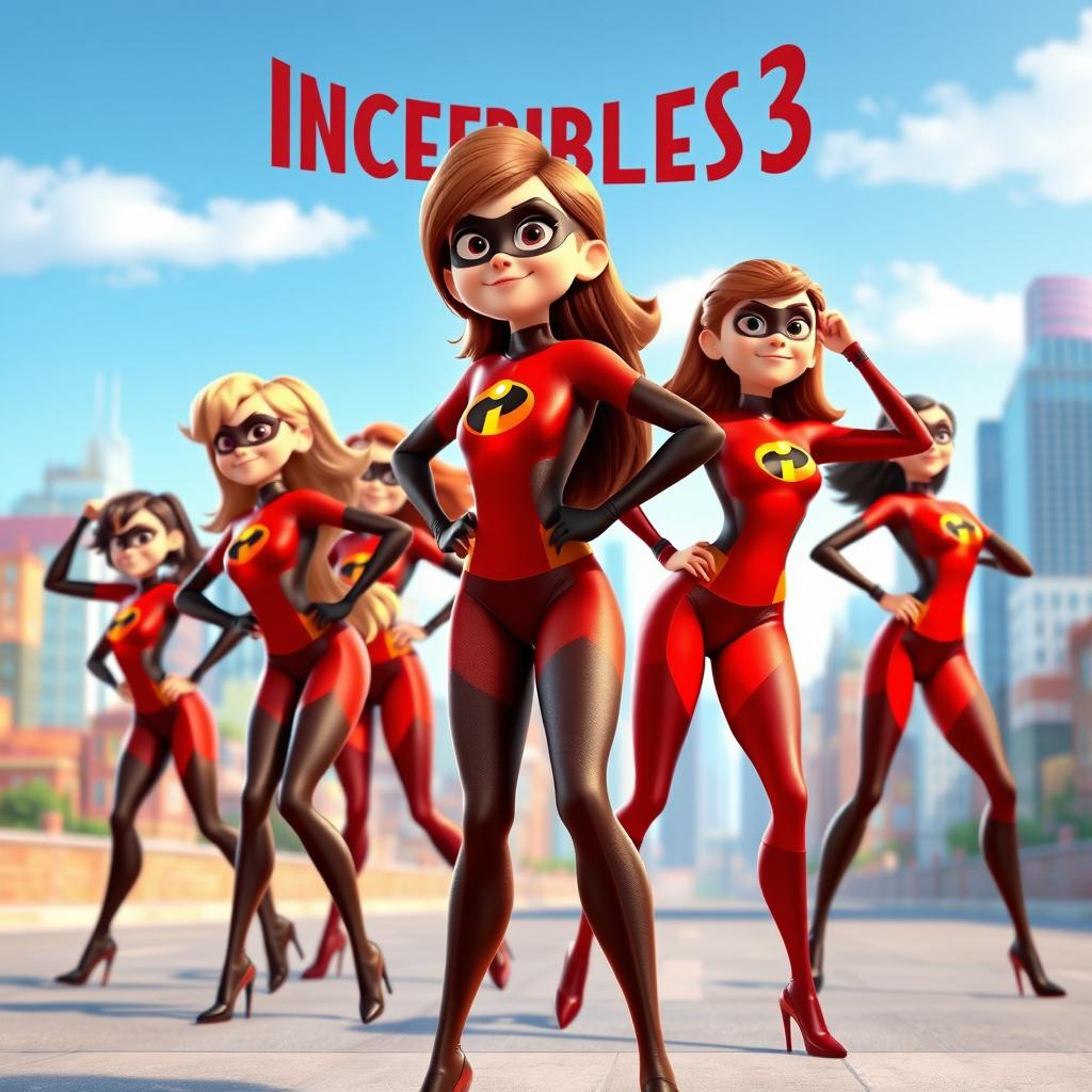 A vibrant and dynamic scene featuring several girls wearing Elastigirl's brown costumes from Incredibles 3