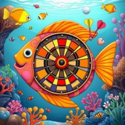 A whimsical illustration of a dartboard shaped like a fish, vividly colored with bright, bold patterns
