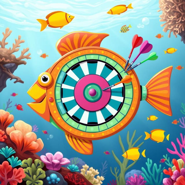 A whimsical illustration of a dartboard shaped like a fish, vividly colored with bright, bold patterns