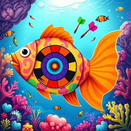 A whimsical illustration of a dartboard shaped like a fish, vividly colored with bright, bold patterns