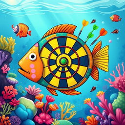 A whimsical illustration of a dartboard shaped like a fish, vividly colored with bright, bold patterns