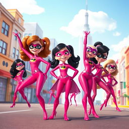 A lively and colorful scene featuring several girls wearing Elastigirl's pink costumes from Incredibles 3