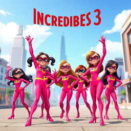 A lively and colorful scene featuring several girls wearing Elastigirl's pink costumes from Incredibles 3