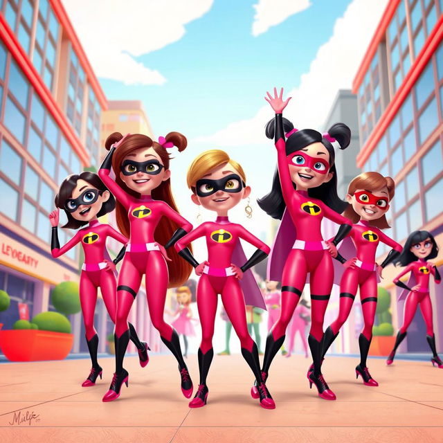 A lively and colorful scene featuring several girls wearing Elastigirl's pink costumes from Incredibles 3