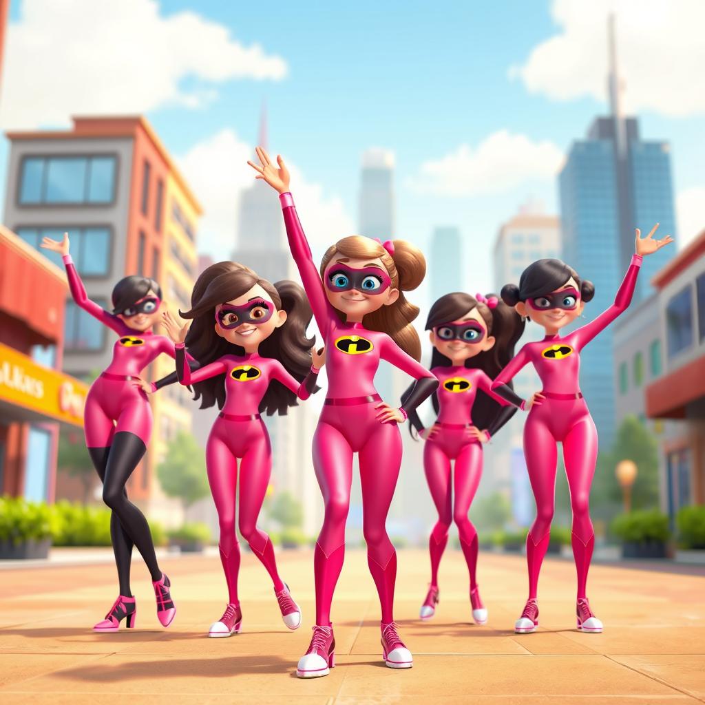 A lively and colorful scene featuring several girls wearing Elastigirl's pink costumes from Incredibles 3