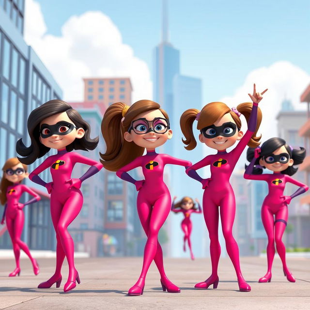 A lively and colorful scene featuring several girls wearing Elastigirl's pink costumes from Incredibles 3