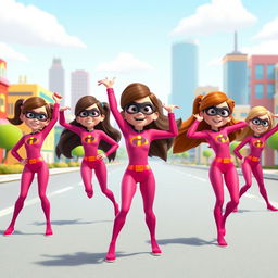 A lively and colorful scene featuring several girls wearing Elastigirl's pink costumes from Incredibles 3