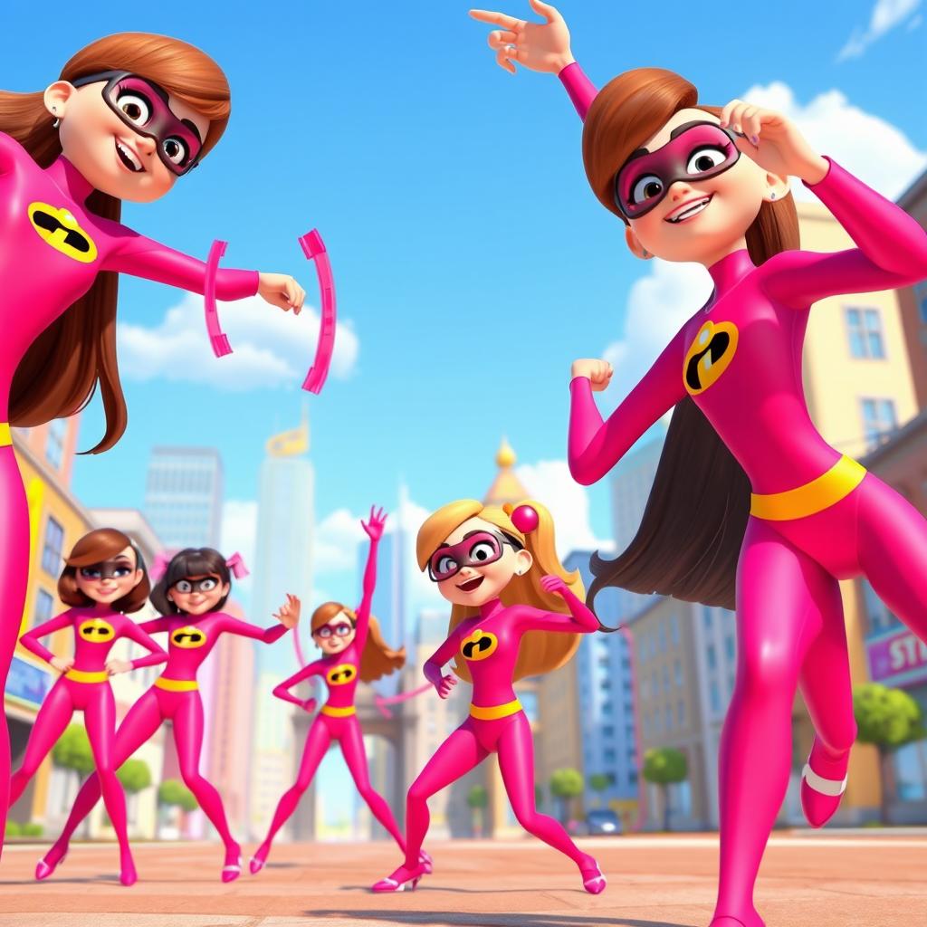 A lively and colorful scene featuring several girls wearing Elastigirl's pink costumes from Incredibles 3