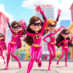 A lively and colorful scene featuring several girls wearing Elastigirl's pink costumes from Incredibles 3