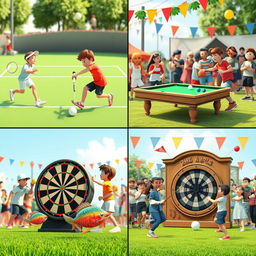 A vibrant sports festival scene featuring four different sports: tennis with players in action on a bright green court, billiards with players focused on a classic pool table, darts being thrown at a dartboard with a cheering crowd, and a whimsical representation of people playing with colorful fish that they are scaling, surrounded by festive decorations and a lively atmosphere
