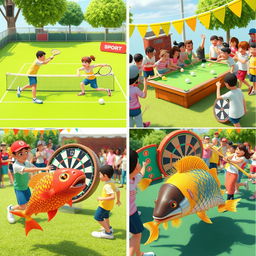A vibrant sports festival scene featuring four different sports: tennis with players in action on a bright green court, billiards with players focused on a classic pool table, darts being thrown at a dartboard with a cheering crowd, and a whimsical representation of people playing with colorful fish that they are scaling, surrounded by festive decorations and a lively atmosphere