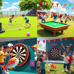 A vibrant sports festival scene featuring four different sports: tennis with players in action on a bright green court, billiards with players focused on a classic pool table, darts being thrown at a dartboard with a cheering crowd, and a whimsical representation of people playing with colorful fish that they are scaling, surrounded by festive decorations and a lively atmosphere