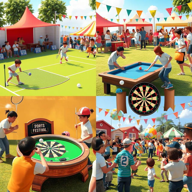 A vibrant sports festival scene featuring four different sports: tennis with players in action on a bright green court, billiards with players focused on a classic pool table, darts being thrown at a dartboard with a cheering crowd, and a whimsical representation of people playing with colorful fish that they are scaling, surrounded by festive decorations and a lively atmosphere