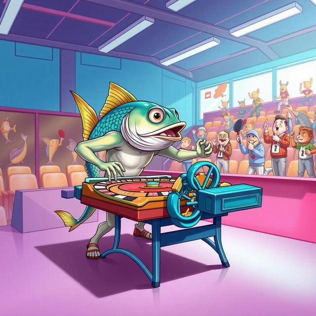 A whimsical scene featuring a fish with a humanoid body, wearing sports attire, energetically playing darts