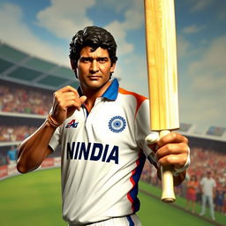 A hyper-realistic wax statue of Sachin Tendulkar, the iconic Indian cricketer, depicted in an action pose holding a cricket bat, wearing the Indian national team jersey, with a focused expression on his face, set against a vibrant cricket stadium background filled with cheering fans