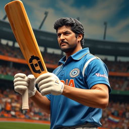 A hyper-realistic wax statue of Sachin Tendulkar, the iconic Indian cricketer, depicted in an action pose holding a cricket bat, wearing the Indian national team jersey, with a focused expression on his face, set against a vibrant cricket stadium background filled with cheering fans