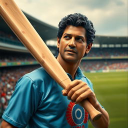 A hyper-realistic wax statue of Sachin Tendulkar, the iconic Indian cricketer, depicted in an action pose holding a cricket bat, wearing the Indian national team jersey, with a focused expression on his face, set against a vibrant cricket stadium background filled with cheering fans
