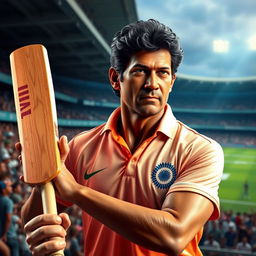 A hyper-realistic wax statue of Sachin Tendulkar, the iconic Indian cricketer, depicted in an action pose holding a cricket bat, wearing the Indian national team jersey, with a focused expression on his face, set against a vibrant cricket stadium background filled with cheering fans