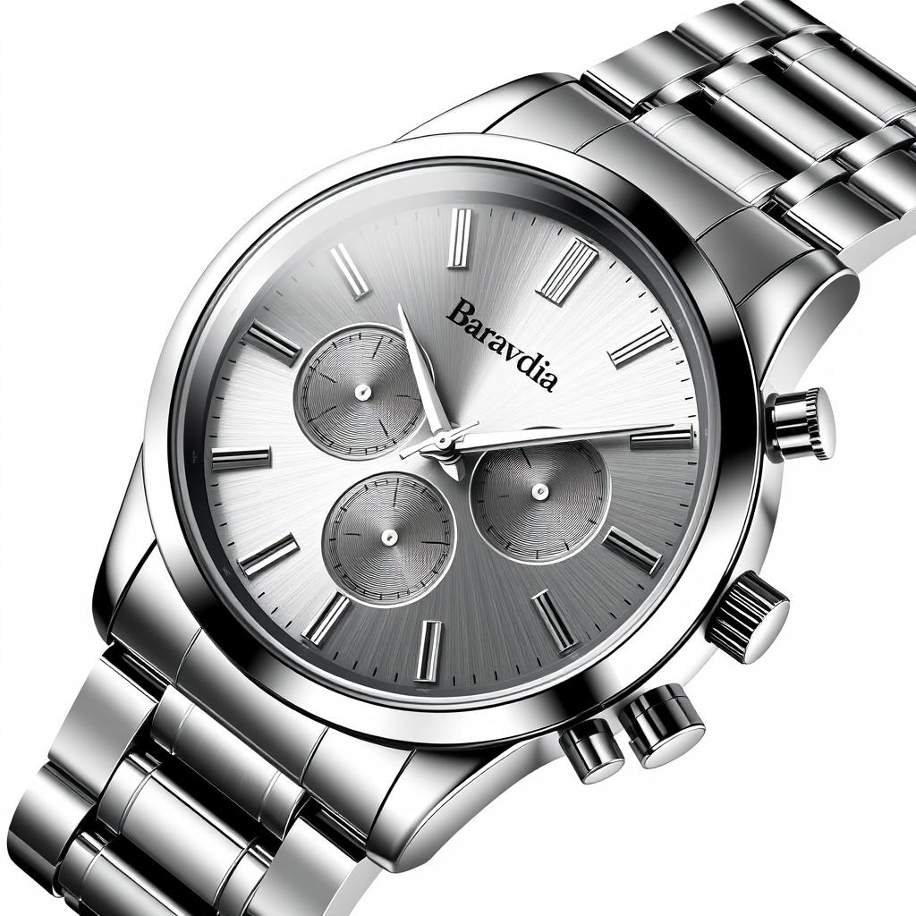 A stunning luxury men's watch design featuring a sleek stainless steel case with a polished finish