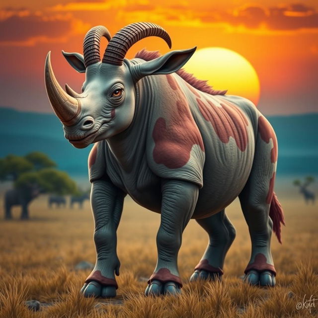 A fantastical creature combining the features of a goat and a rhinoceros, showcasing a robust rhino body with a goat's agile legs and cloven hooves