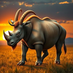 A fantastical creature combining the features of a goat and a rhinoceros, showcasing a robust rhino body with a goat's agile legs and cloven hooves
