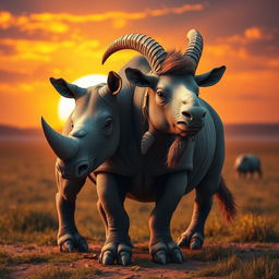 A fantastical creature combining the features of a goat and a rhinoceros, showcasing a robust rhino body with a goat's agile legs and cloven hooves