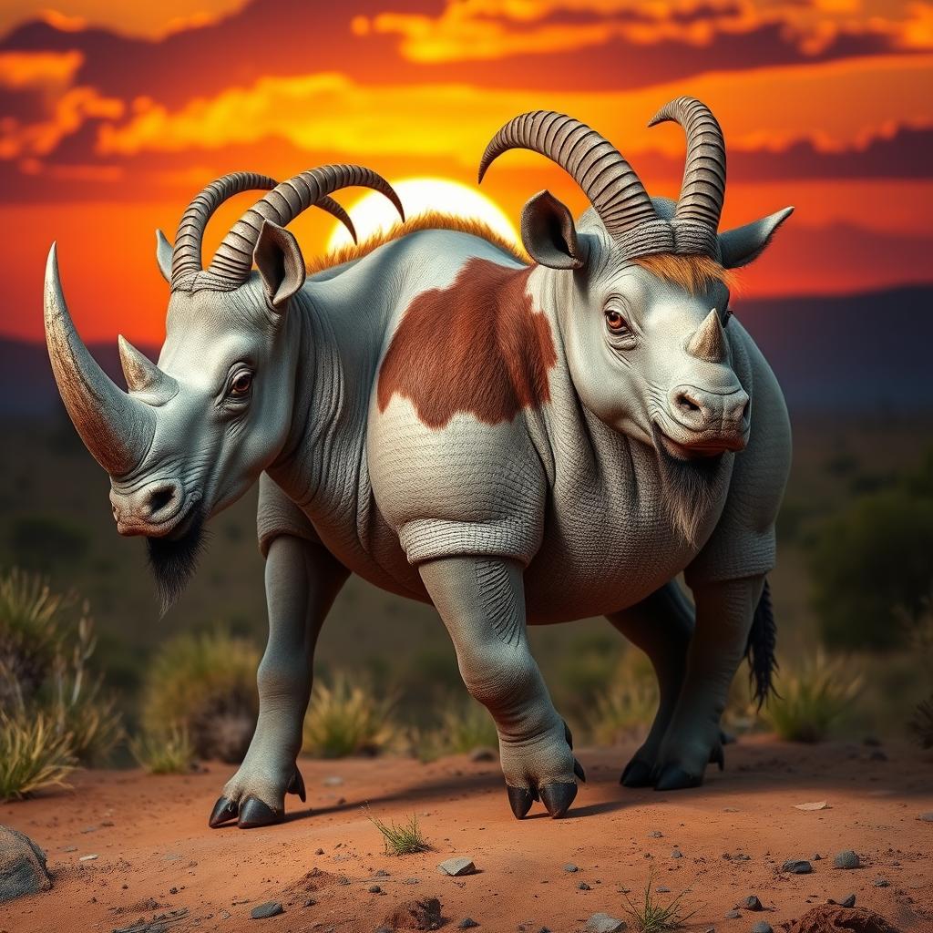 A fantastical creature combining the features of a goat and a rhinoceros, showcasing a robust rhino body with a goat's agile legs and cloven hooves