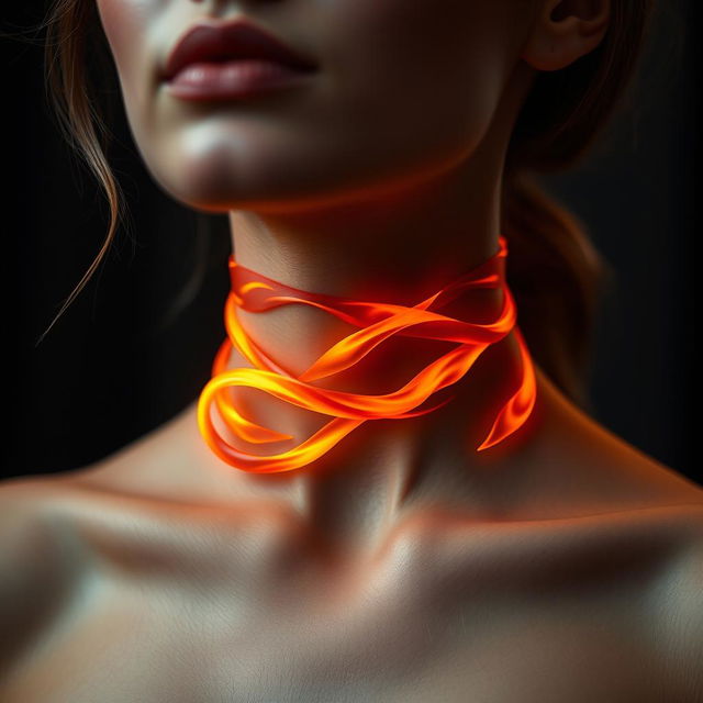 An elegant female neck choker designed with flowing flames, intricately shaped to resemble a fiery ribbon wrapped gracefully around the neck