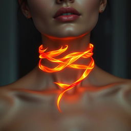 An elegant female neck choker designed with flowing flames, intricately shaped to resemble a fiery ribbon wrapped gracefully around the neck