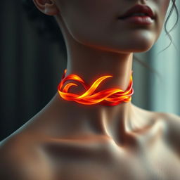 An elegant female neck choker designed with flowing flames, intricately shaped to resemble a fiery ribbon wrapped gracefully around the neck