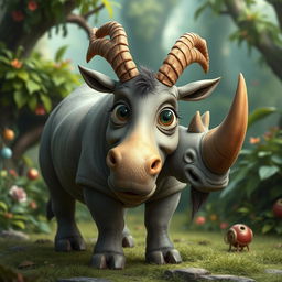 A fantastical creature that is a hybrid between a goat and a rhinoceros, featuring the sturdy body and thick skin of a rhinoceros combined with the unique facial features and horns of a goat