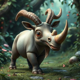A fantastical creature that is a hybrid between a goat and a rhinoceros, featuring the sturdy body and thick skin of a rhinoceros combined with the unique facial features and horns of a goat