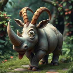 A fantastical creature that is a hybrid between a goat and a rhinoceros, featuring the sturdy body and thick skin of a rhinoceros combined with the unique facial features and horns of a goat