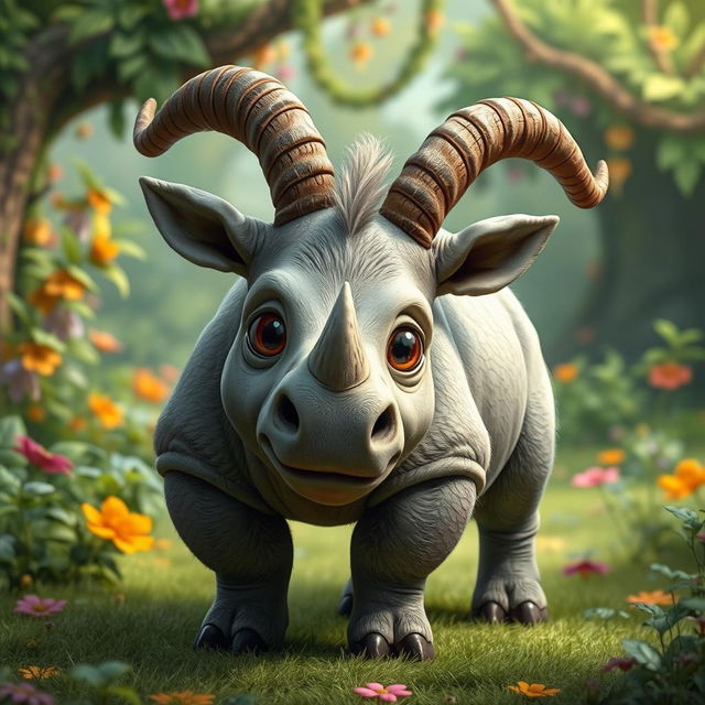 A fantastical creature that is a hybrid between a goat and a rhinoceros, featuring the sturdy body and thick skin of a rhinoceros combined with the unique facial features and horns of a goat