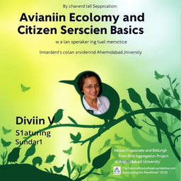 An engaging event poster for a talk titled 'Avian Ecology and Citizen Science Basics' featuring the speaker Divin V, a research associate from the Bird Aggregation Project at Ahemdabad University