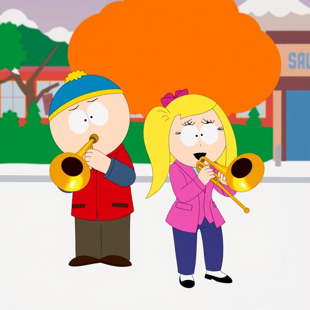 A whimsical scene featuring Eric Cartman and Heidi Turner from South Park, both joyfully playing trombones in a cartoonish style