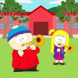 A whimsical scene featuring Eric Cartman and Heidi Turner from South Park, both joyfully playing trombones in a cartoonish style
