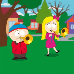 A whimsical scene featuring Eric Cartman and Heidi Turner from South Park, both joyfully playing trombones in a cartoonish style