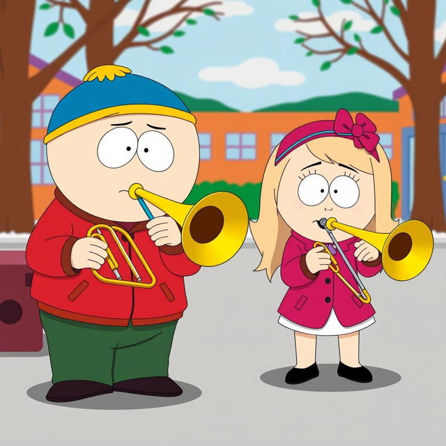 A whimsical scene featuring Eric Cartman and Heidi Turner from South Park, both joyfully playing trombones in a cartoonish style