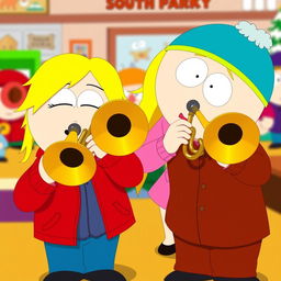 A fun and lively scene depicting Eric Cartman and Heidi Turner from South Park, both enthusiastically playing trombones