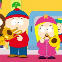 A fun and lively scene depicting Eric Cartman and Heidi Turner from South Park, both enthusiastically playing trombones