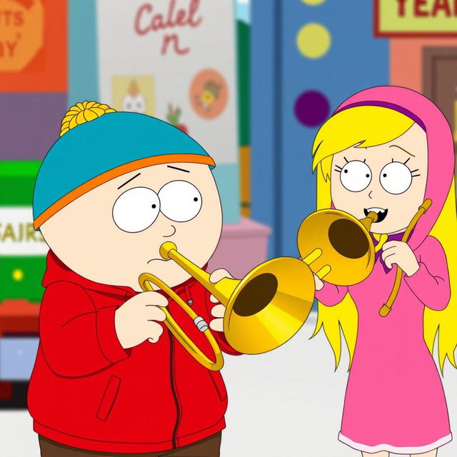 A fun and lively scene depicting Eric Cartman and Heidi Turner from South Park, both enthusiastically playing trombones