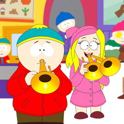 A fun and lively scene depicting Eric Cartman and Heidi Turner from South Park, both enthusiastically playing trombones